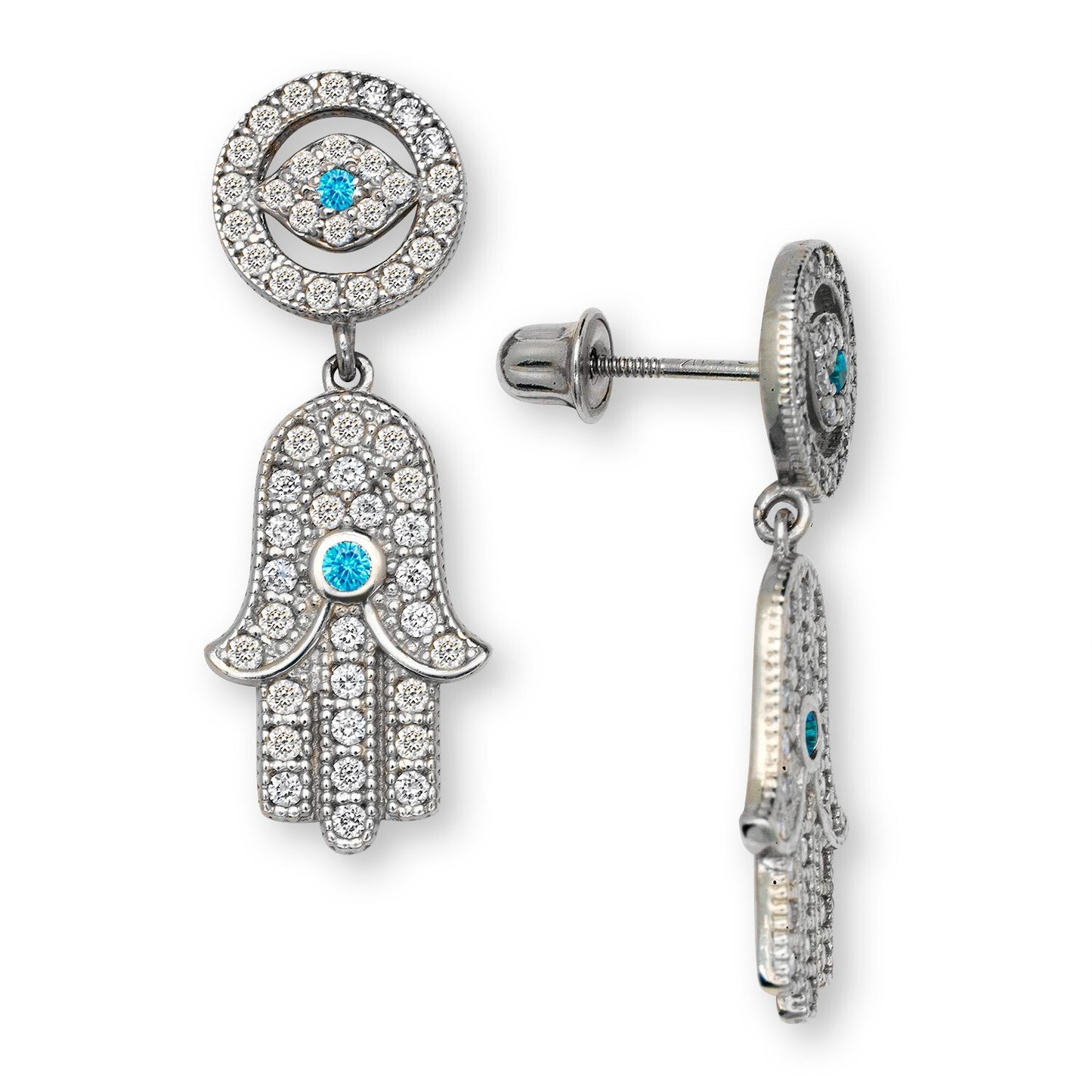 14K Yellow & White Gold Unique Evil Eye Hamsa Hand Dangle Earrings for Women