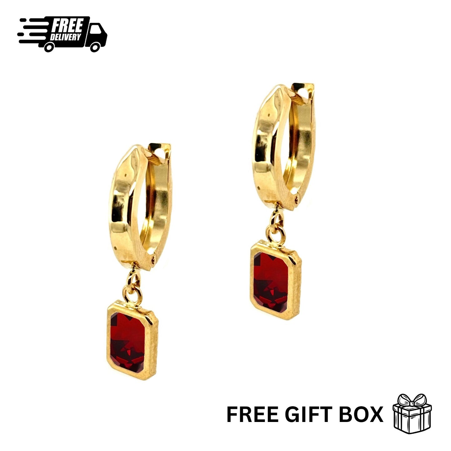14k Yellow Gold Rectangle Huggie Dangle Earrings