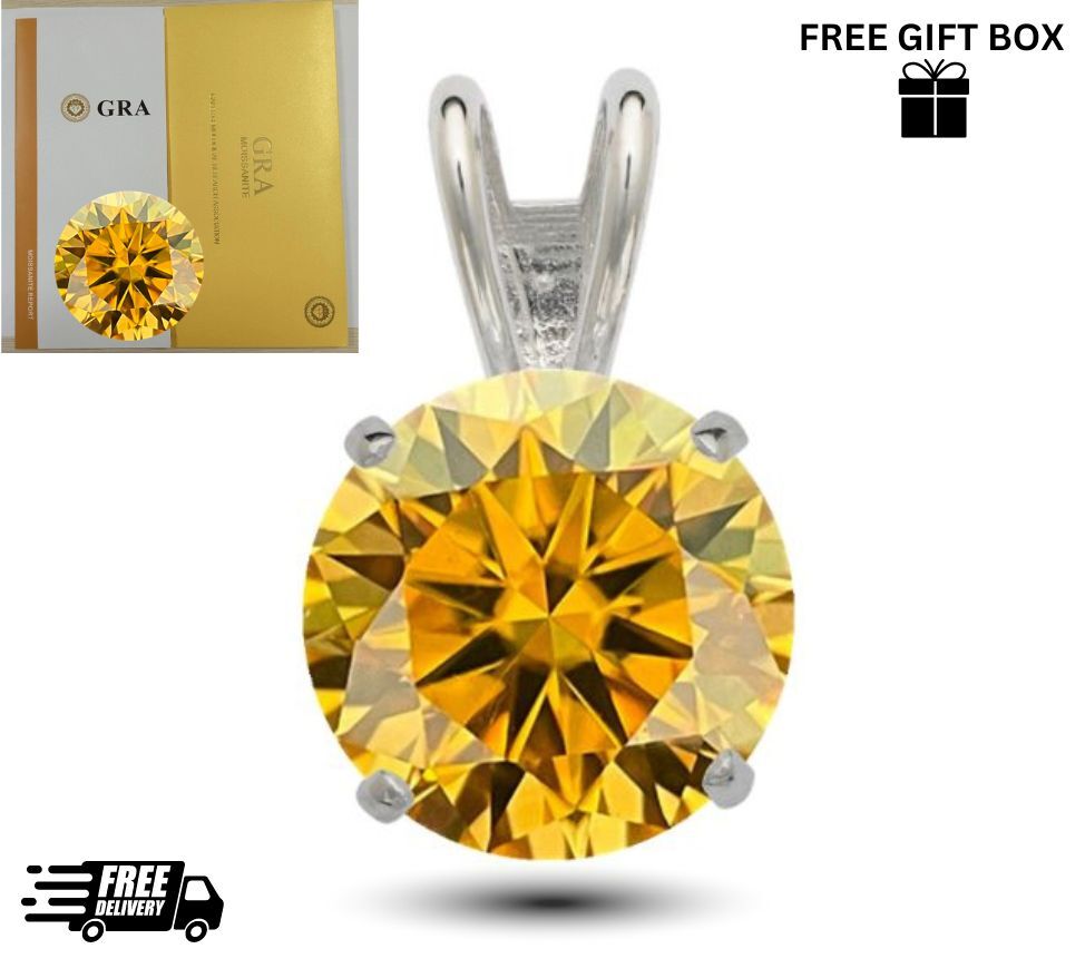 14K Gold GRA Certified D-VVS1 Round Yellow Moissanite Pendant