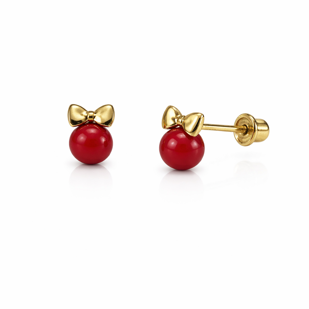 14k Yellow Gold Bow Tie Red Coral Stud Earrings/ Screw Back