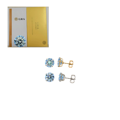 14K Gold GRA Certified D-VVS1 Round Ocean Blue Moissanite PushBack Stud Earrings