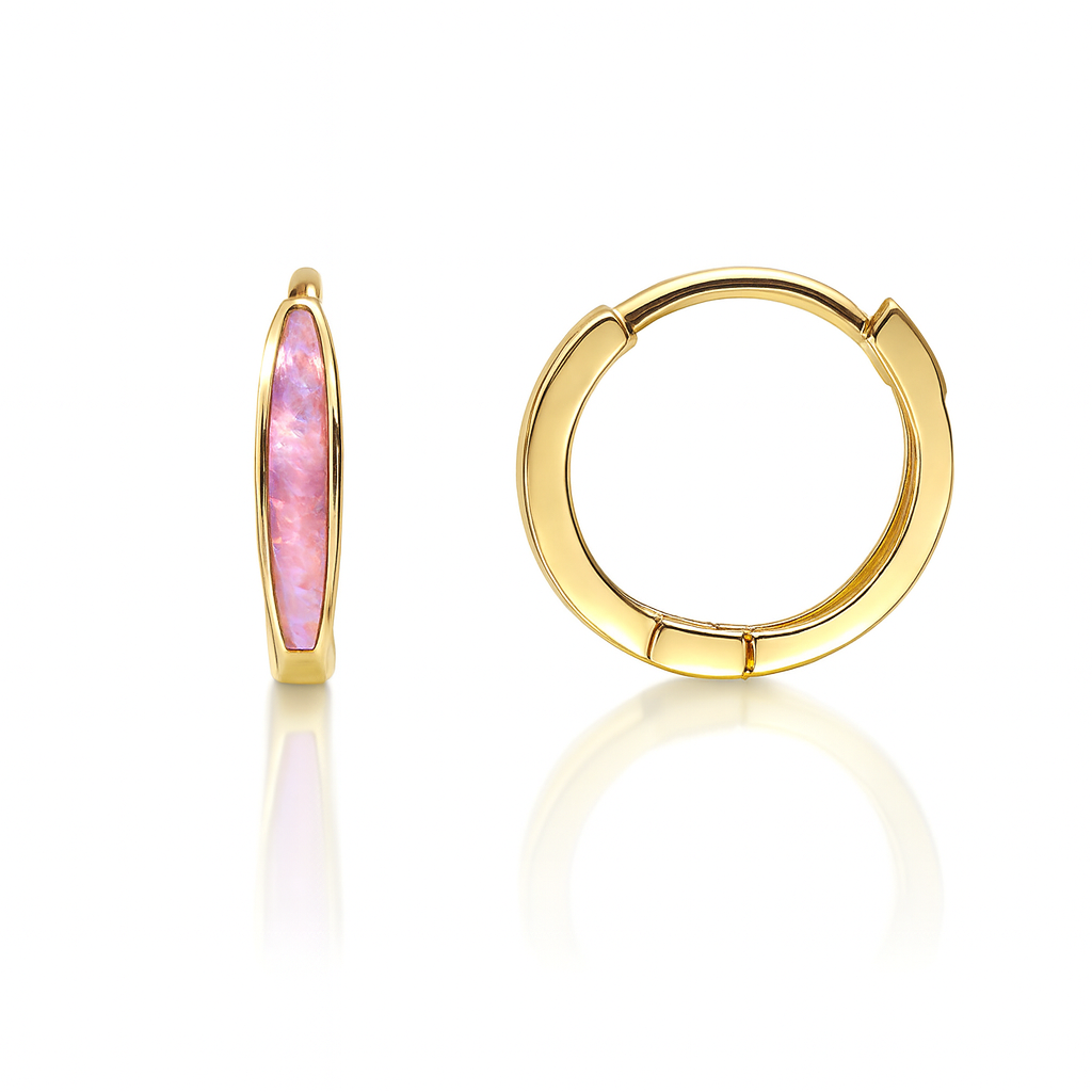 14k Yellow Gold Light Pink Opal Huggie Hoop Earrings