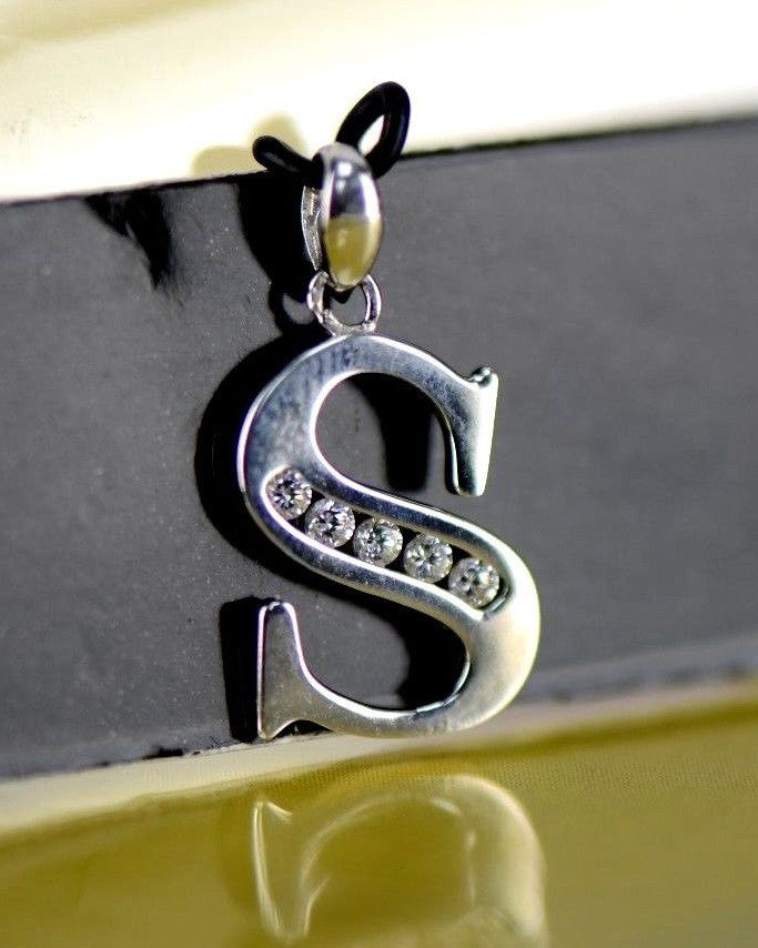14k Solid White Gold Initial Letter CZ Pendant