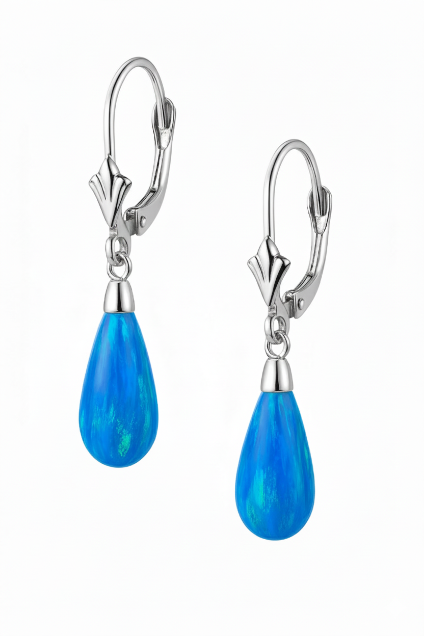 14k Yellow and White Gold Light Blue Opal Leverback Earrings