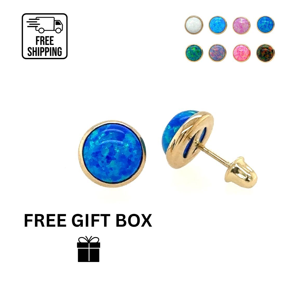 14K Yellow Gold Opal Screw Back Solitaire Stud Earrings