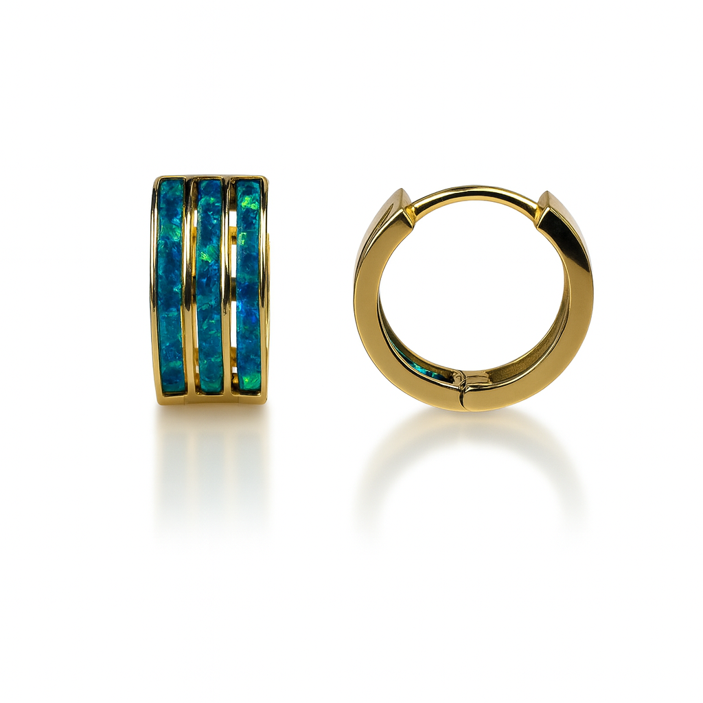 14k Yellow Gold Triple Row Dark Green Opal Huggie Hoop Earrings