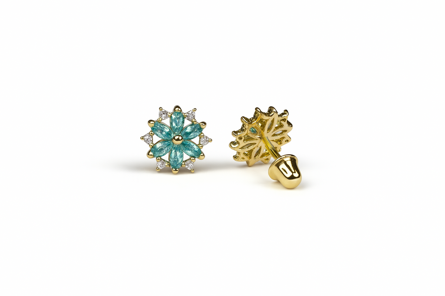 14K Yellow Gold Beautiful CZ Flower Stud Earrings for Women