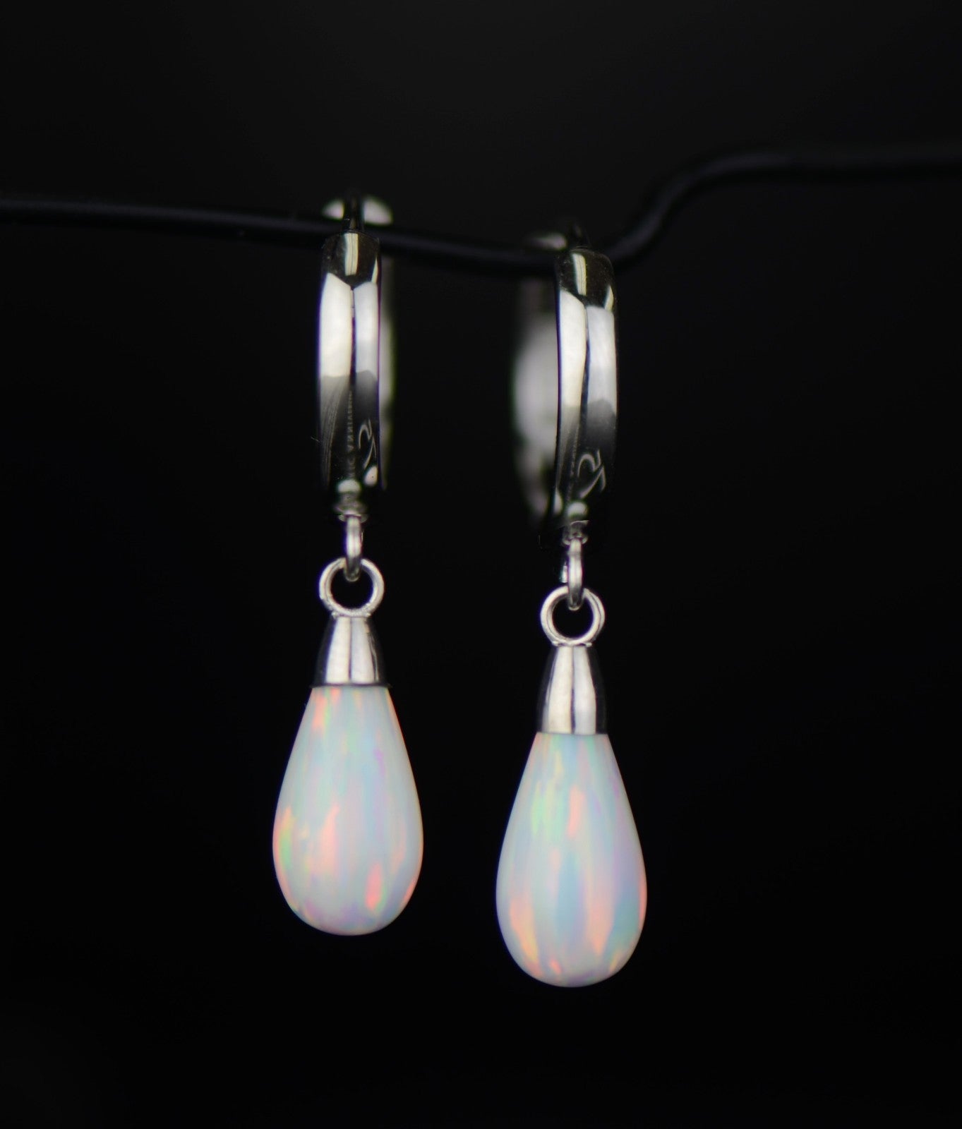 14k-White Gold Dangle Opal Huggie Hoop Earrings
