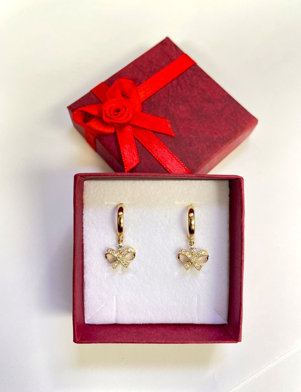 14k Yellow Gold Dangle Bow Hoop Huggie Earrings
