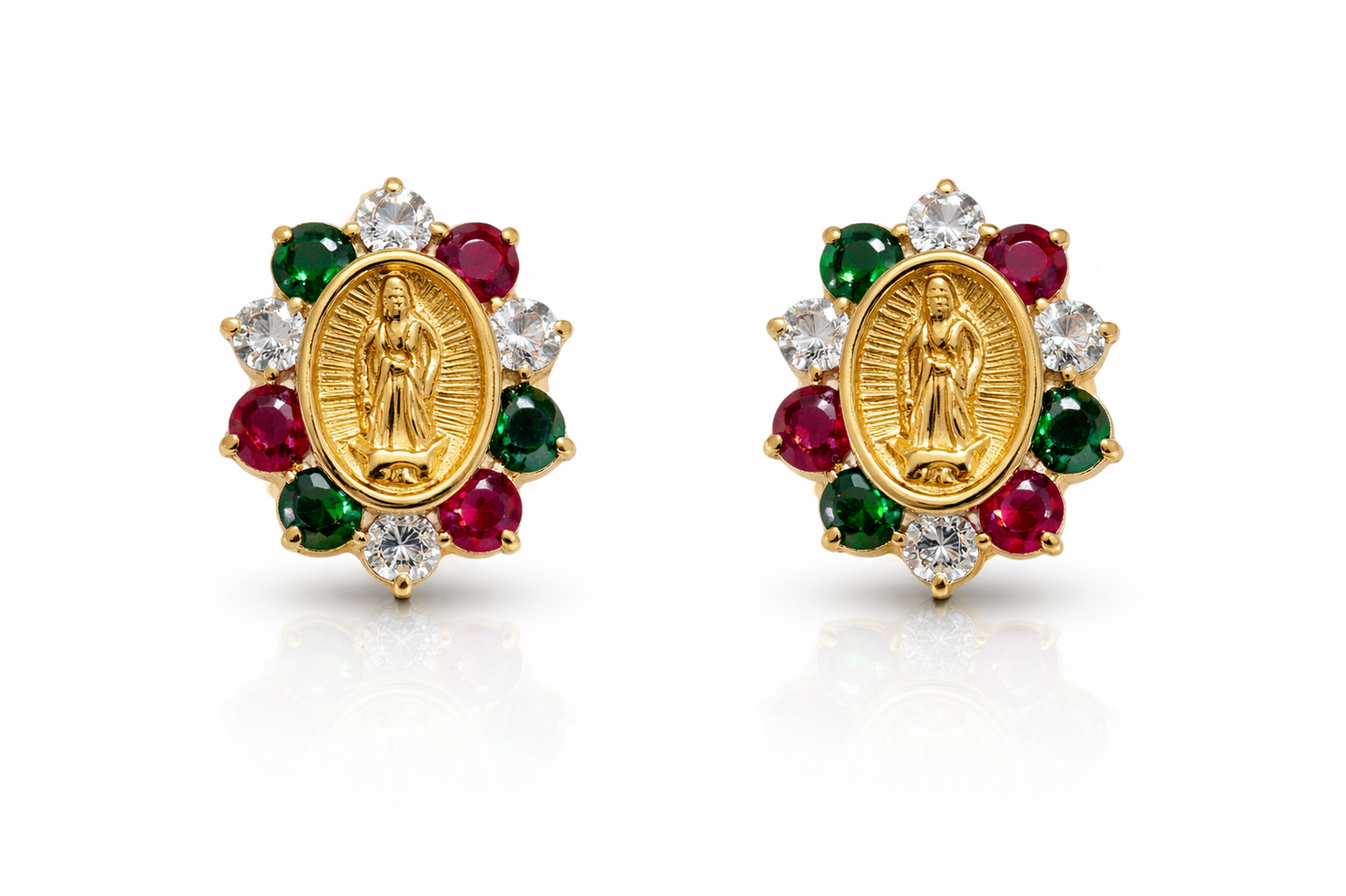 14K Yellow Gold Guadalupe Virgin Mary Screw Back CZ Stud Earrings