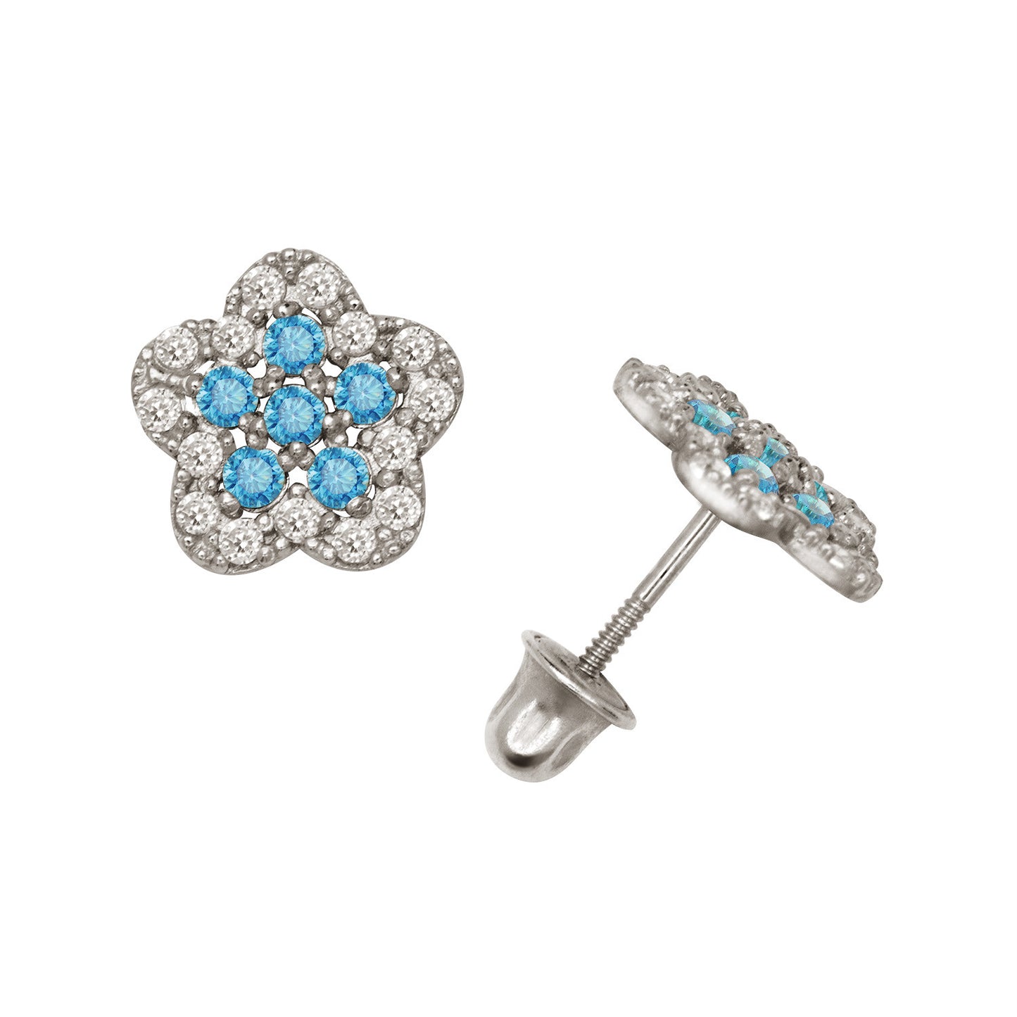 14k Yellow or White Gold CZ Flower Birthstone Stud Screw Back Earrings
