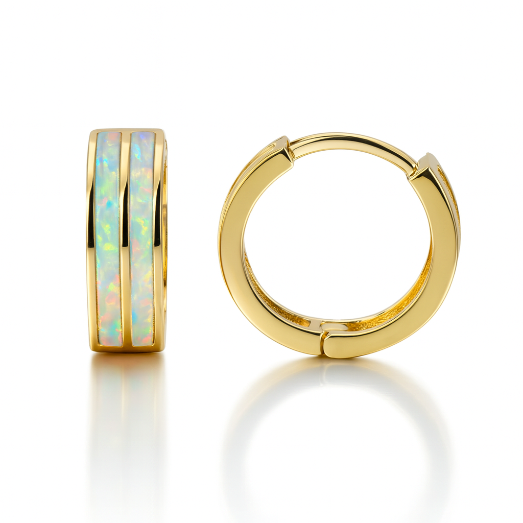 14k Yellow Gold Double Row White Opal Huggie Hoop Earrings