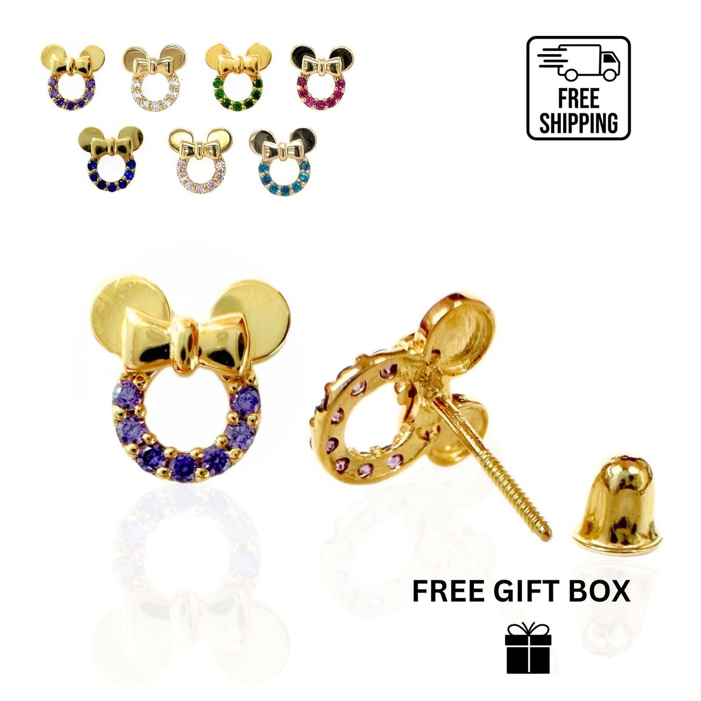 14K Yellow Gold Miss Mouse Earrings Screw Back