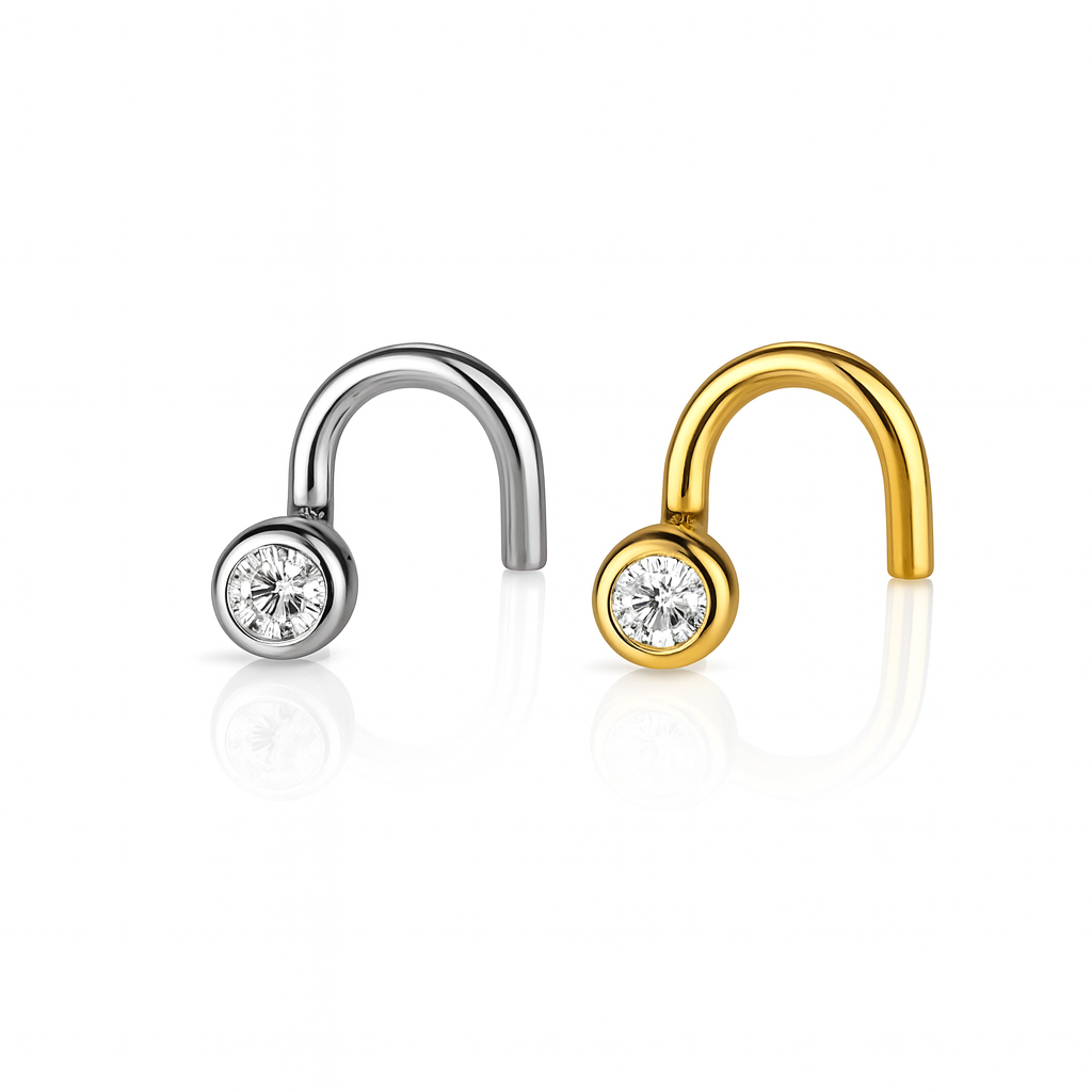 14k Yellow or White Gold CZ Bezel Round Nose Piercing Stud
