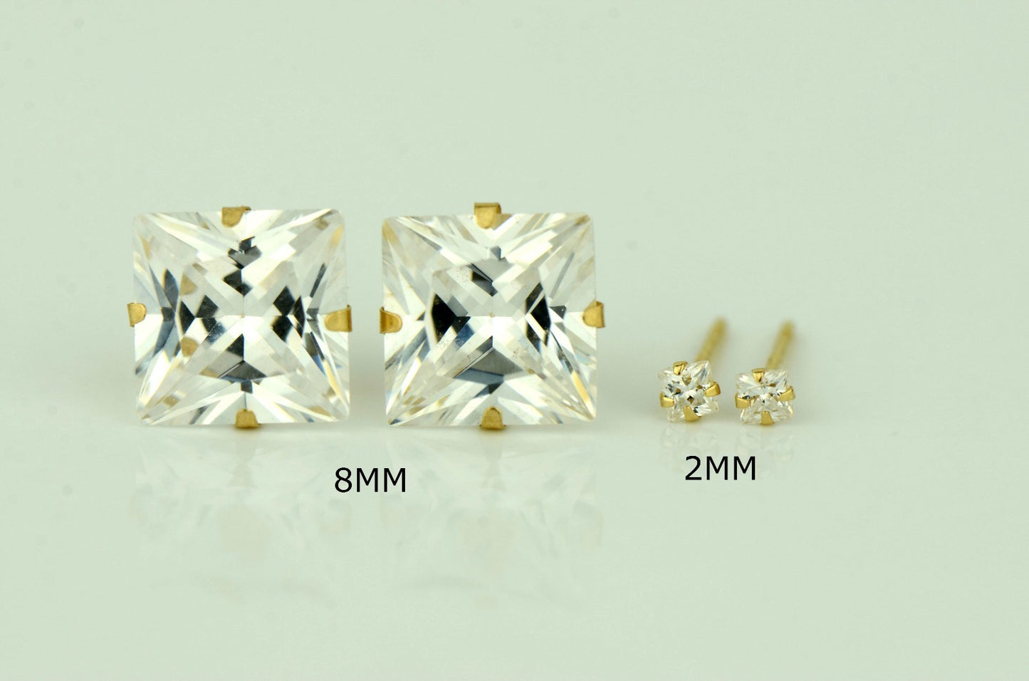 14K Yellow Gold Square Martini Prong Stud Earrings with Princess Cut CZ 2-8mm
