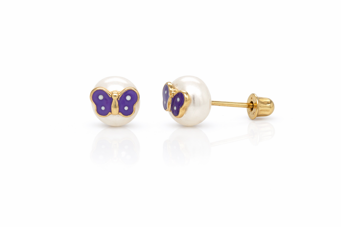 14k Yellow Gold Enamel Butterfly With Genuine Pearl Screw Back Stud Earrings