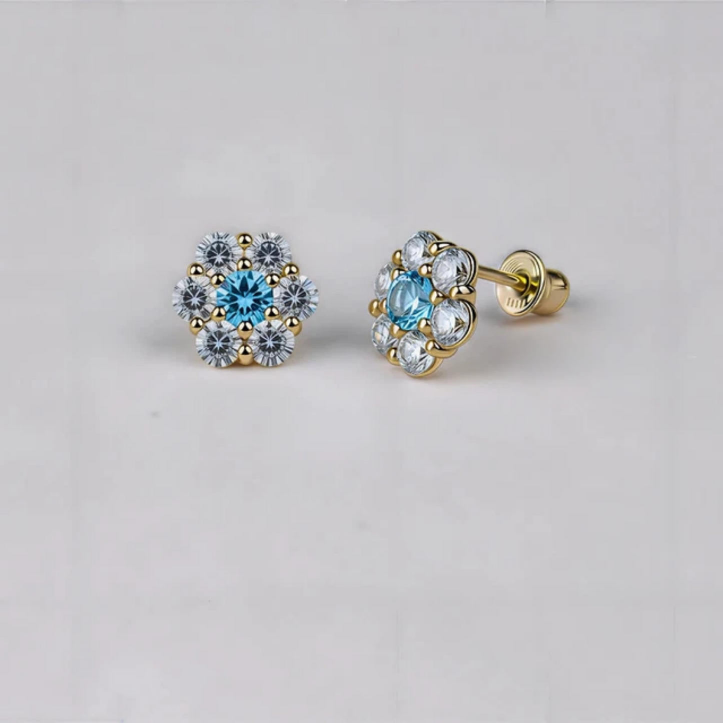 14K Yellow Gold Beautiful Flower CZ Stud Earrings for Women