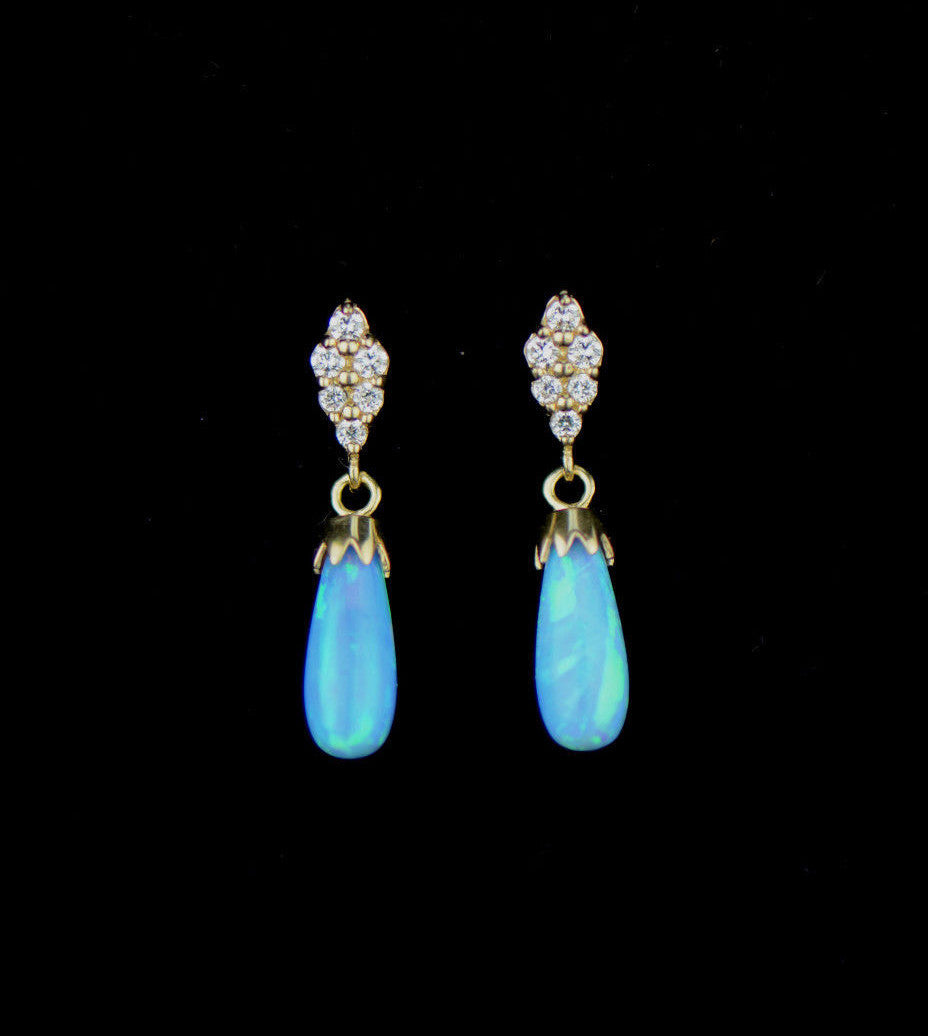 14k-Yellow Gold Dangle Opal Cz Stud Earrings / Screw Back