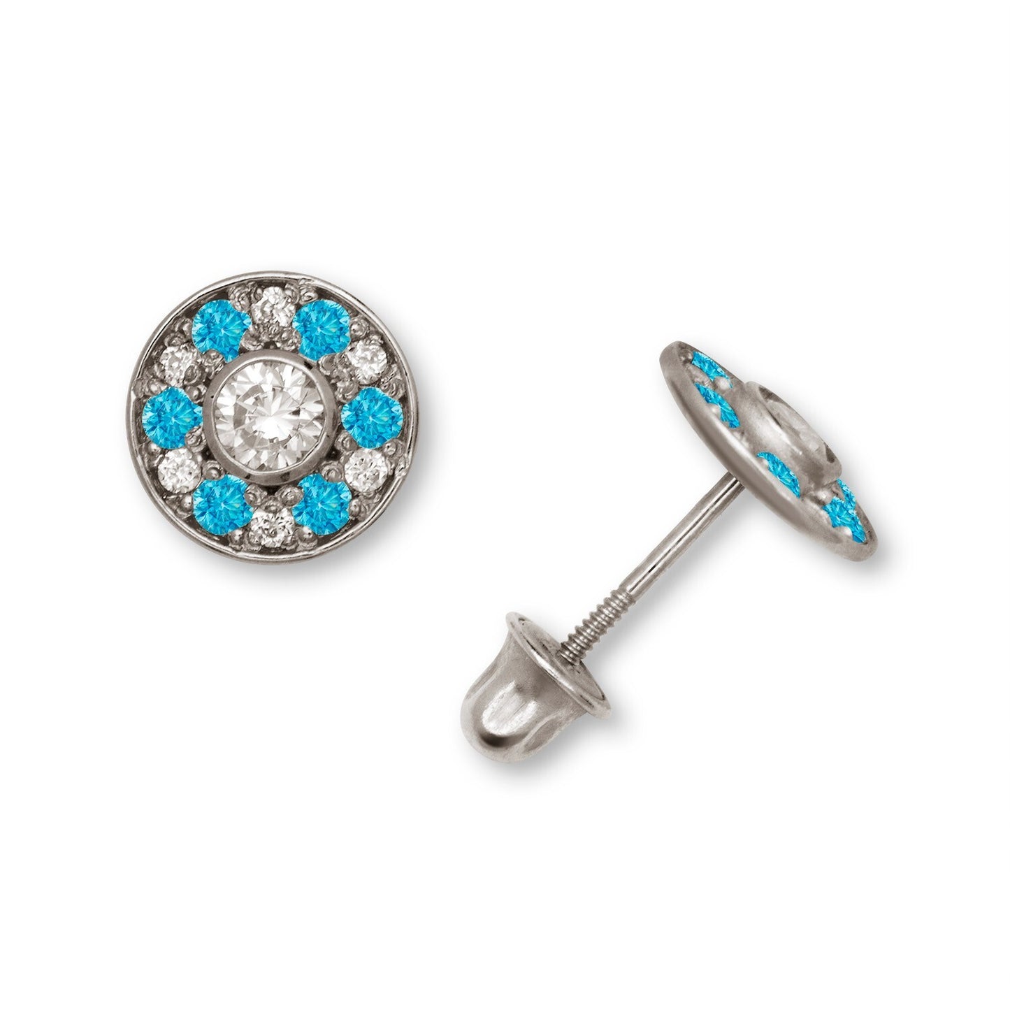 14K Yellow & White Gold Round Shaped Beautiful CZ Earrings for Girls