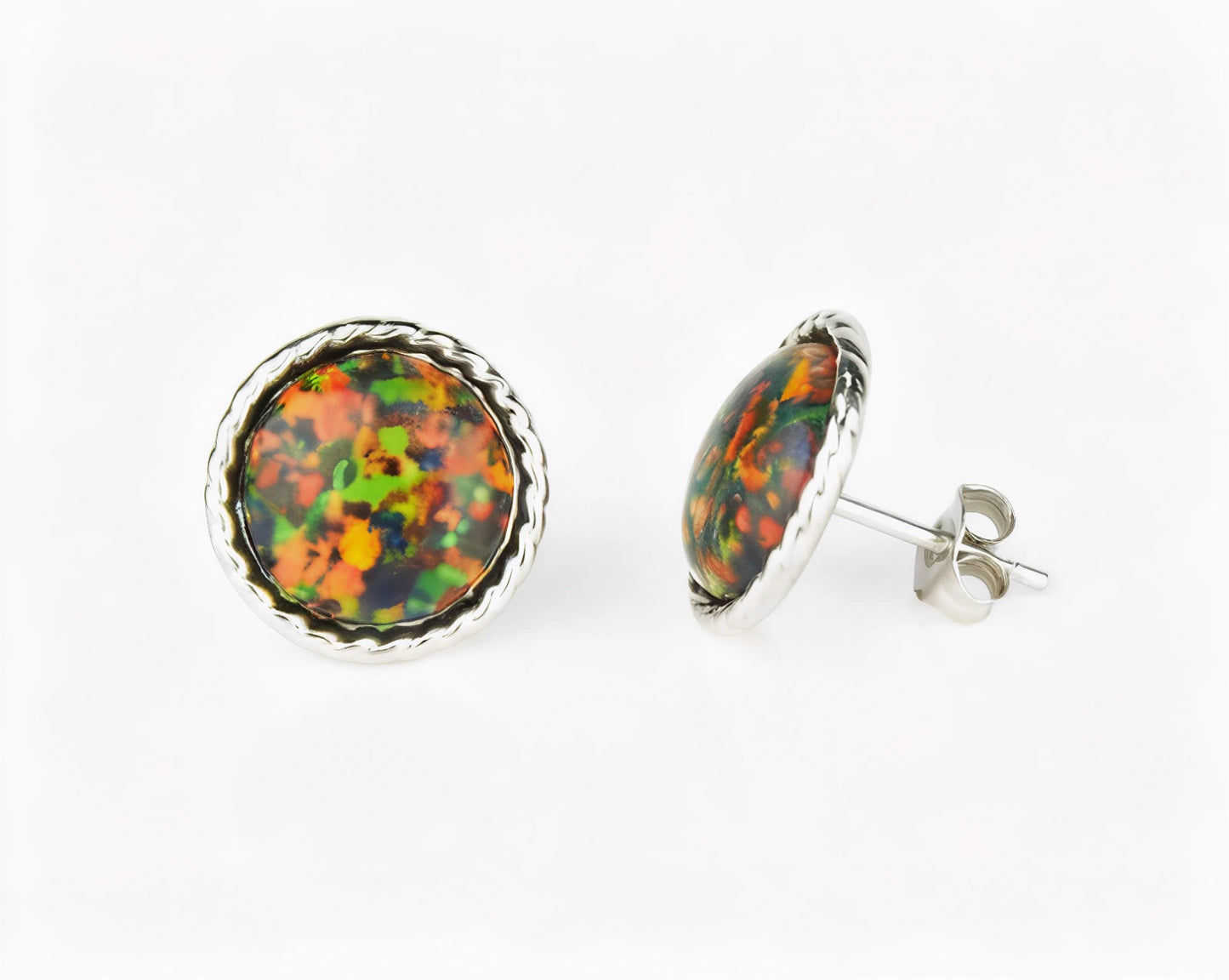14K Yellow & White Gold Flat Opal Pretty Stud Earrings for Women