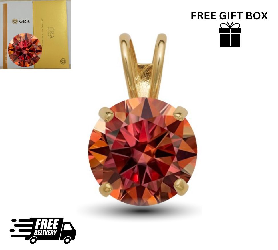 14K Yellow Gold GRA Certified D-VVS1 Round Watermelon Red Moissanite Pendant