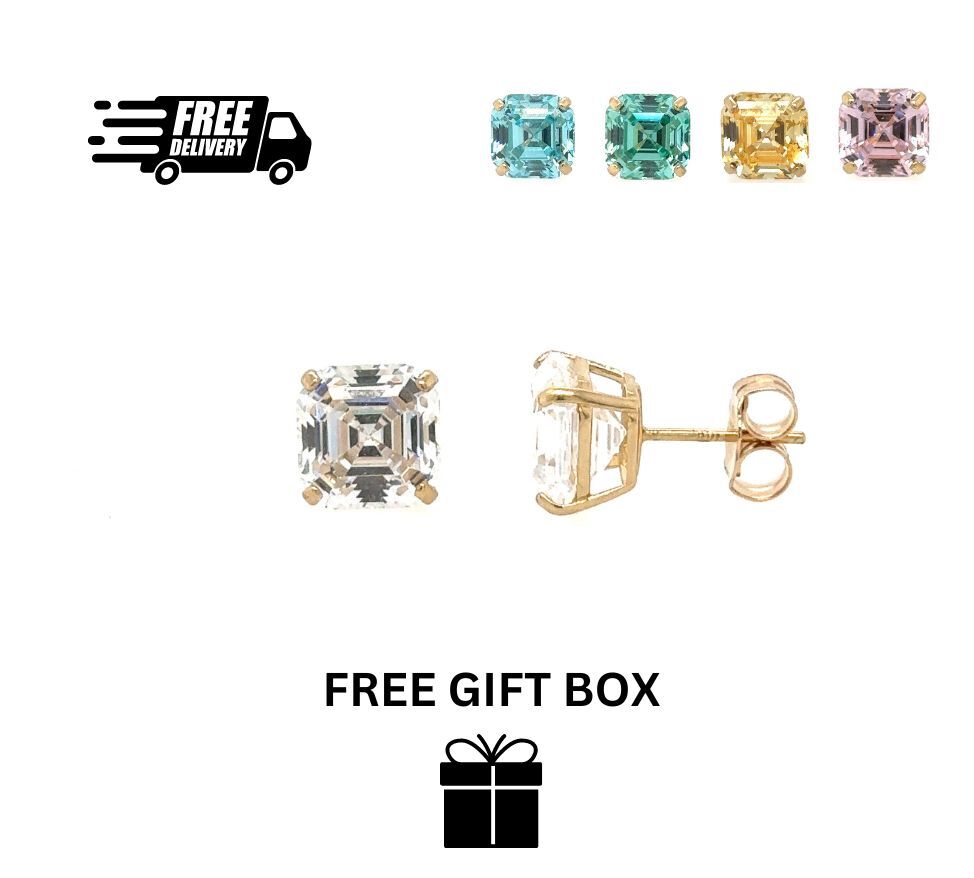 14K Yellow Gold Asscher Cut Stud Earrings Push Back