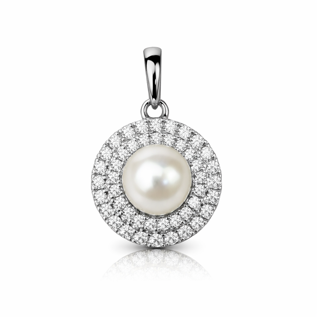 14K Yellow or White Gold Round Genuine Pearl CZ Pendant