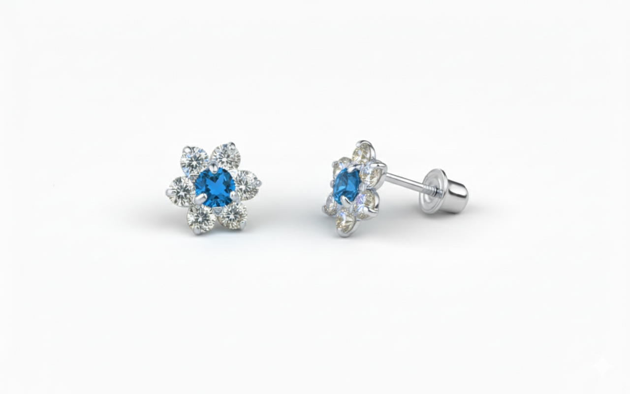 14K White Gold Beautiful Flower CZ Stud Earrings for Women