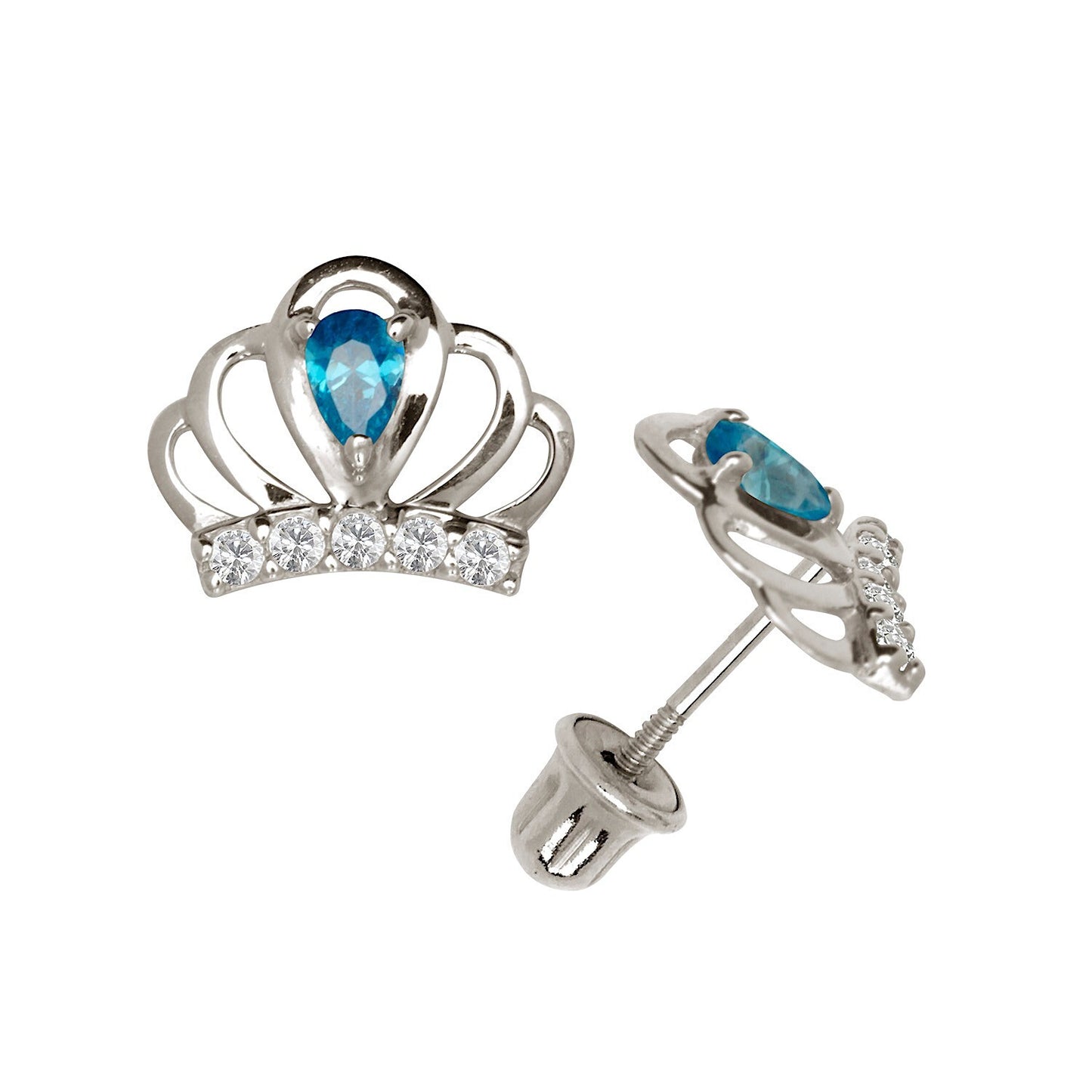 14k Yellow & White Gold CZ Crown Baby Screw Back Stud Earring for Girls