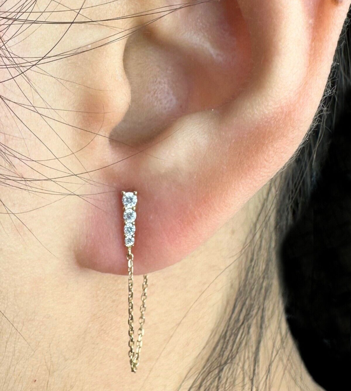 14k yellow gold CZ push back earring with chain