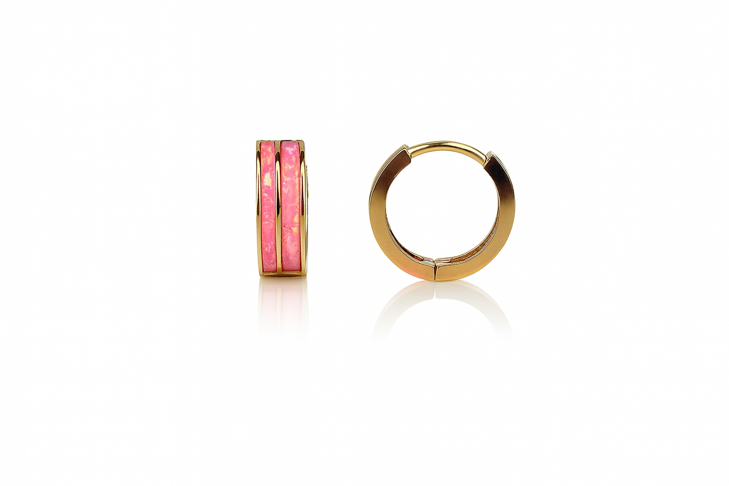 14k Yellow Gold Double Row Hot Pink Opal Huggie Hoop Earrings