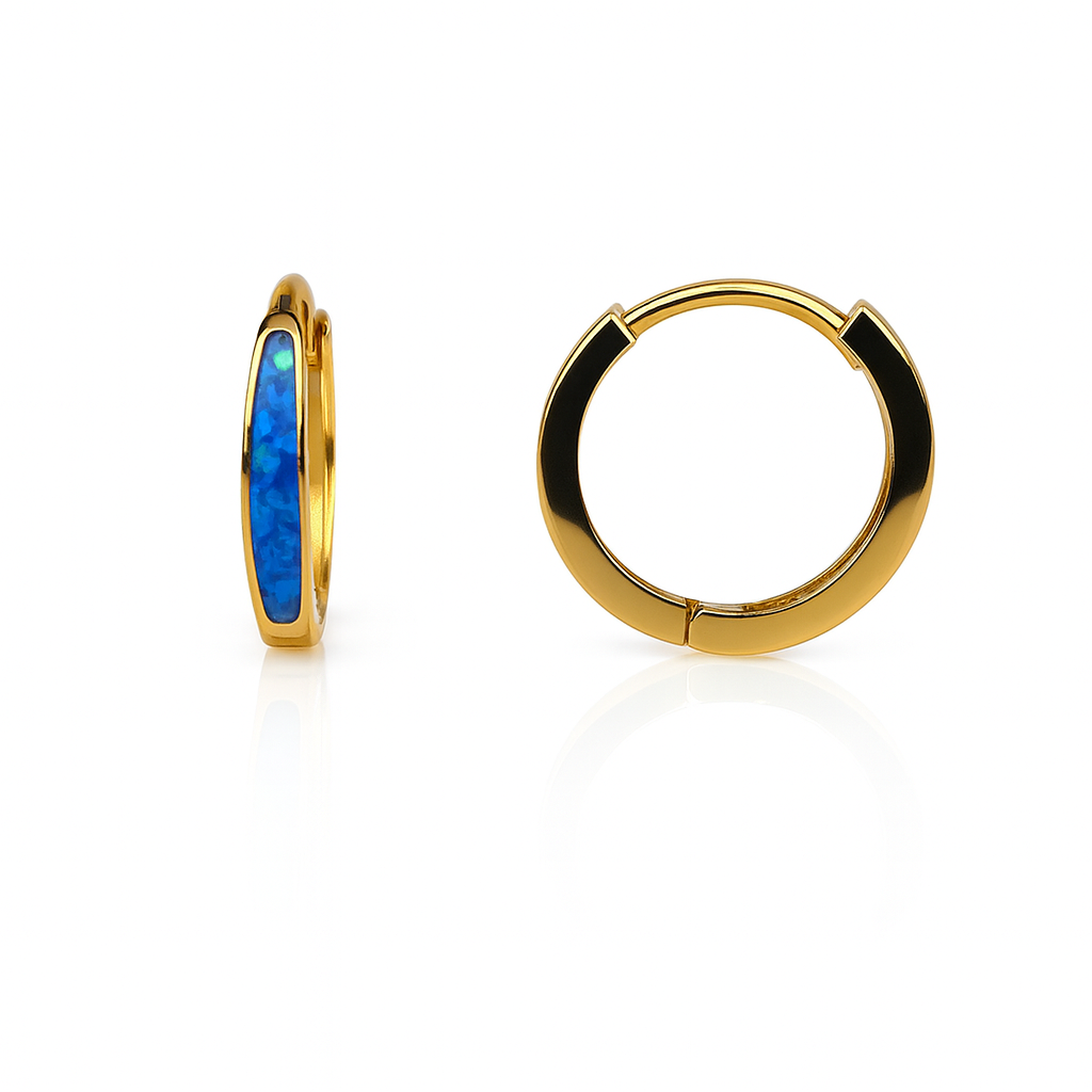 14k Yellow Gold Dark Blue Opal Huggie Hoop Earrings