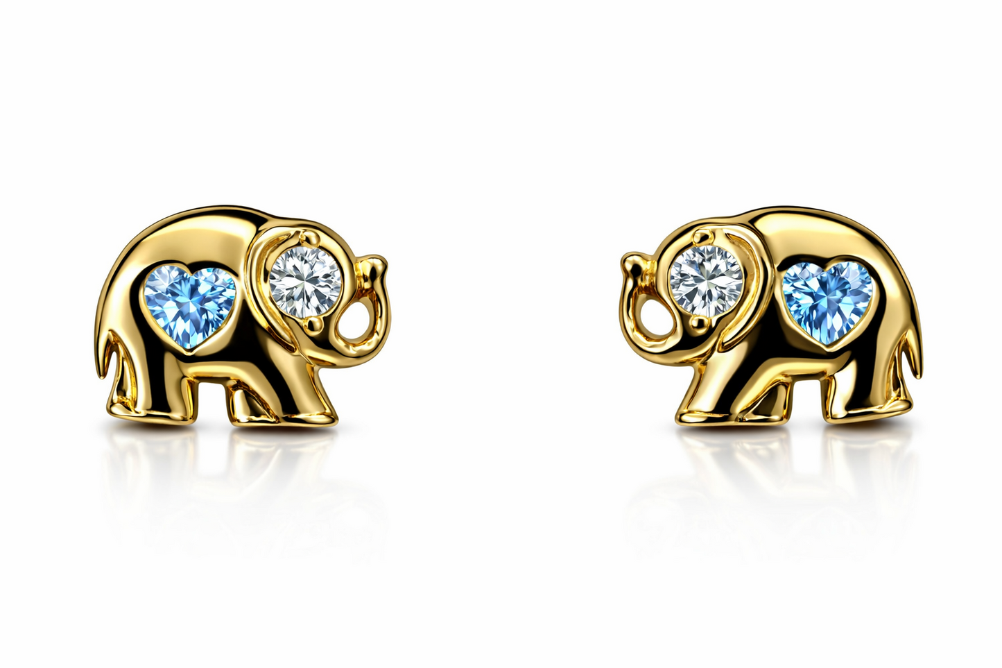 14k Yellow Gold Elephant CZ Heart Stud Earrings Screwback