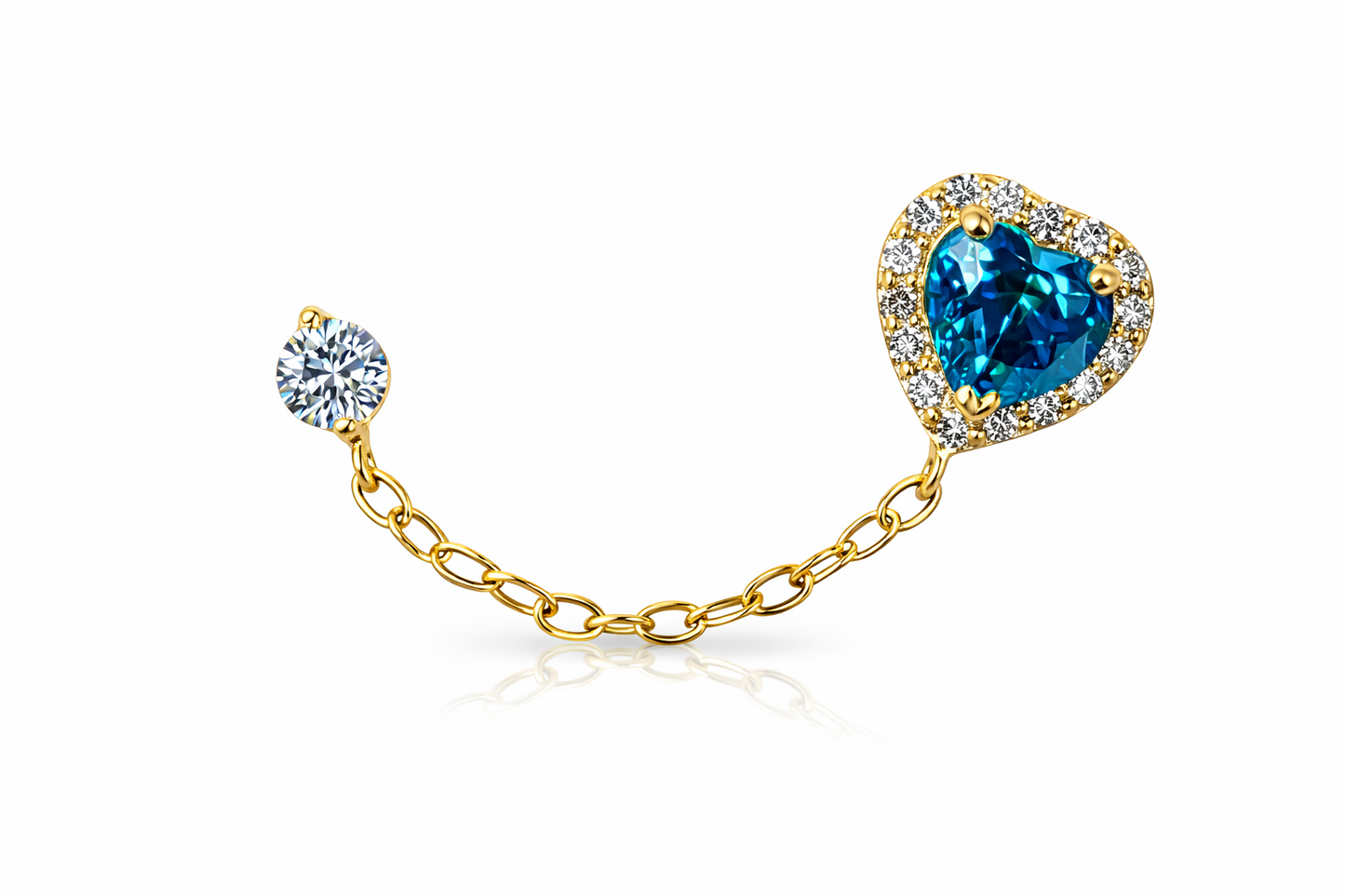 14k Yellow Gold Halo Heart CZ Stud Earrings with chain Push back