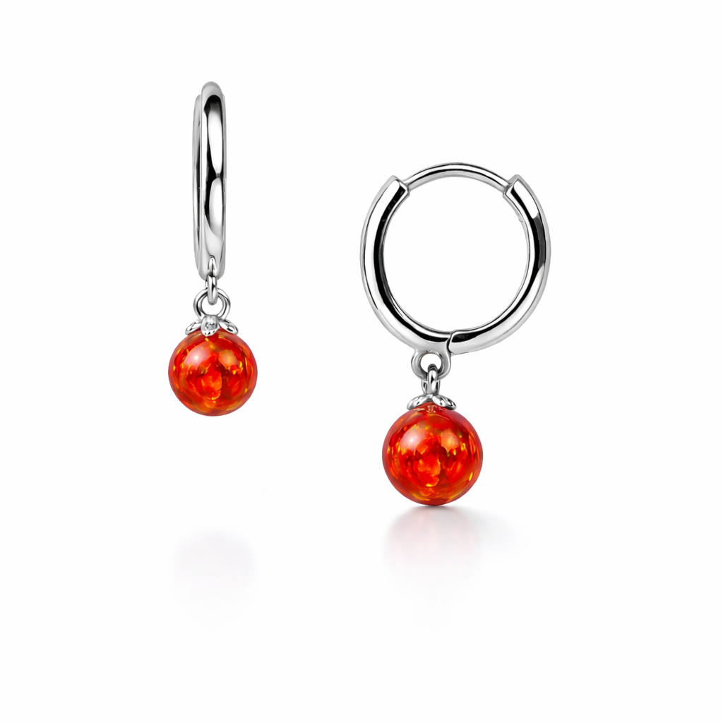 14k Yellow / White Gold Orange Opal Huggie Dangle Earrings