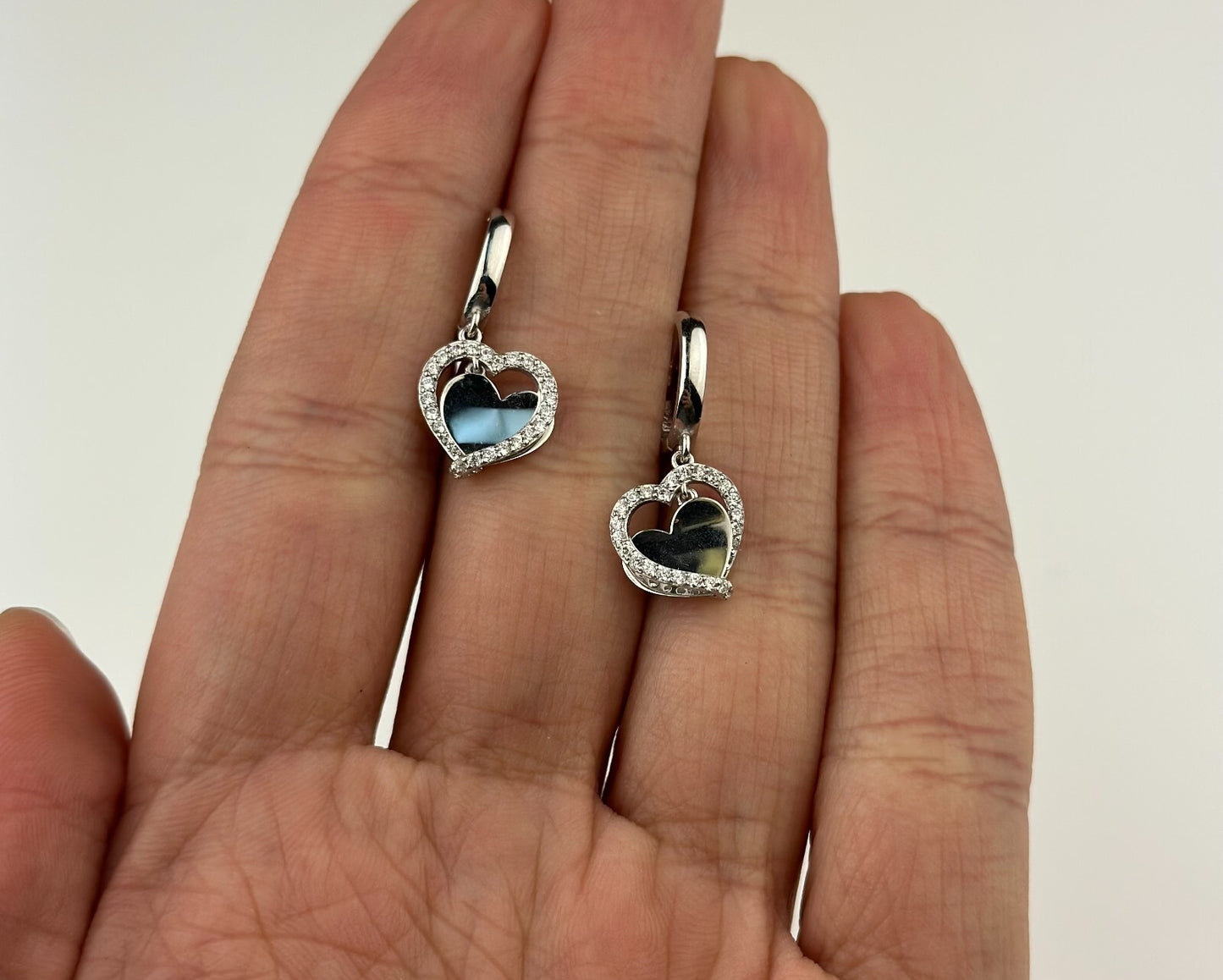14k Yellow Gold Double Heart Dangle Hoop Huggie CZ Earrings