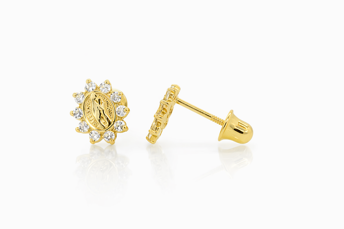 Solid 14K Yellow Gold Guadalupe Virgin Mary Screw Back CZ Stud Earrings S137XS