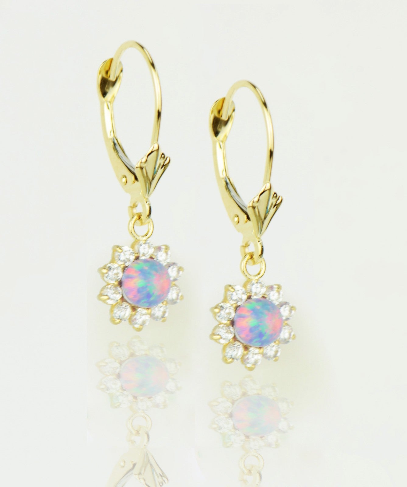 14k-Yellow-Gold-Opal Flower-CZ-Dangle-Earrings