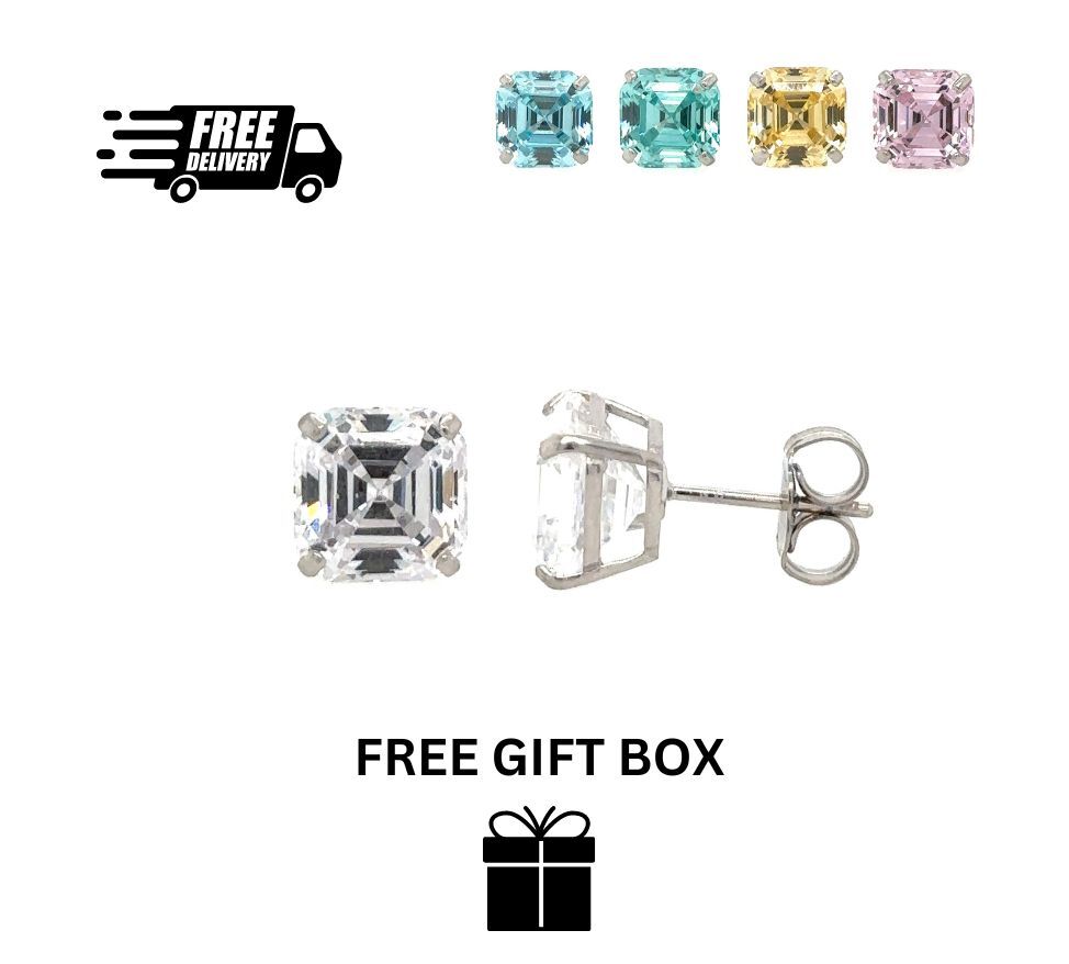 14K White Gold Asscher Cut Stud Earrings Push Back