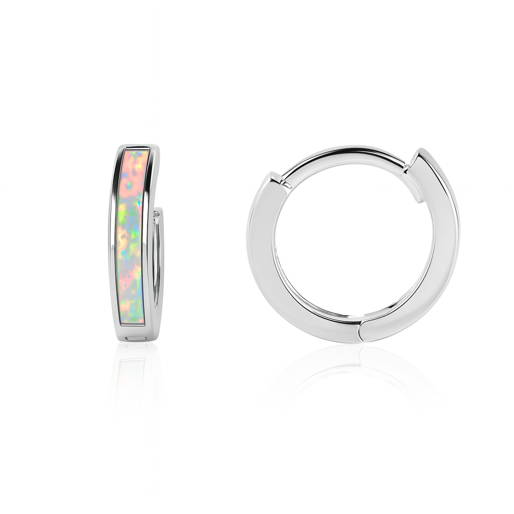 14k White Gold One Row White Opal Huggie Hoop Earrings