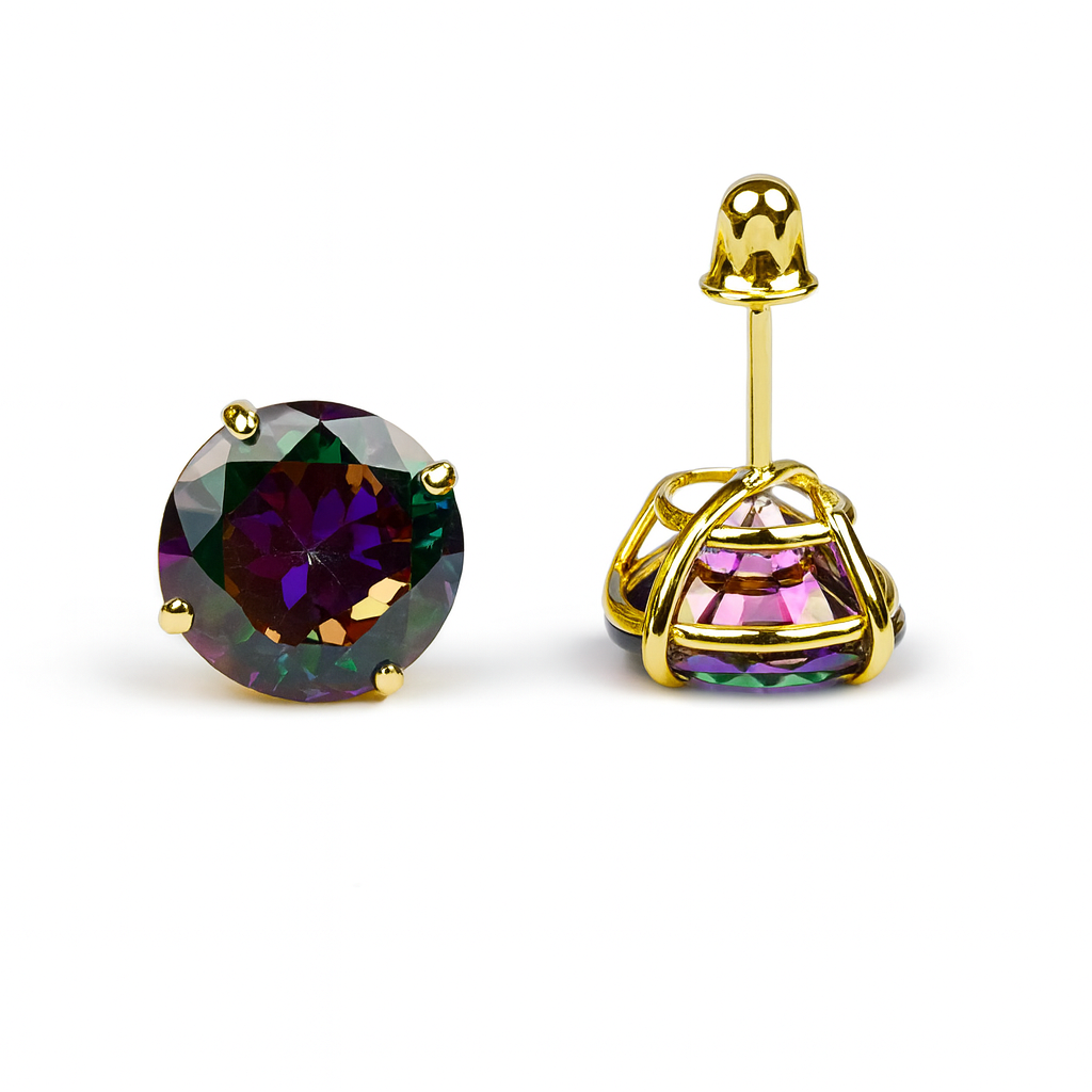 14k Yellow Gold Screw Back Earrings with Mystic Topaz Round Cut CZ Stones
