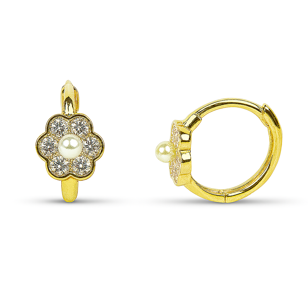 14K Yellow Gold Flower Shaped CZ Huggies Earrings for Women