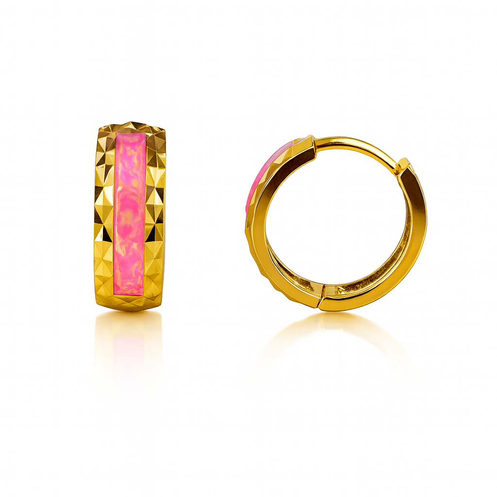 14k Yellow Gold Hot Pink Opal Huggie Hoop Earrings
