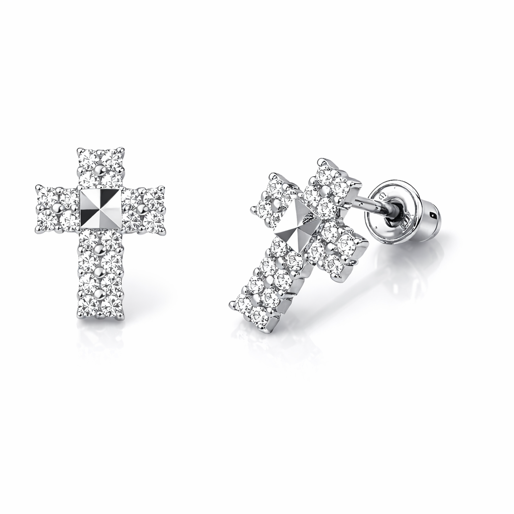 14K Yellow or White Gold CZ Cross Earring