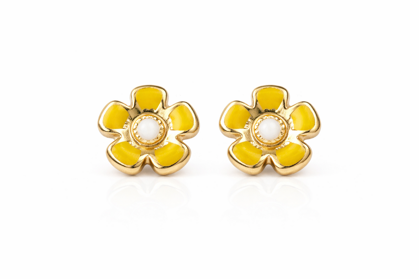 14k Yellow Gold Baby Enamel Flower earrings, Screw Back