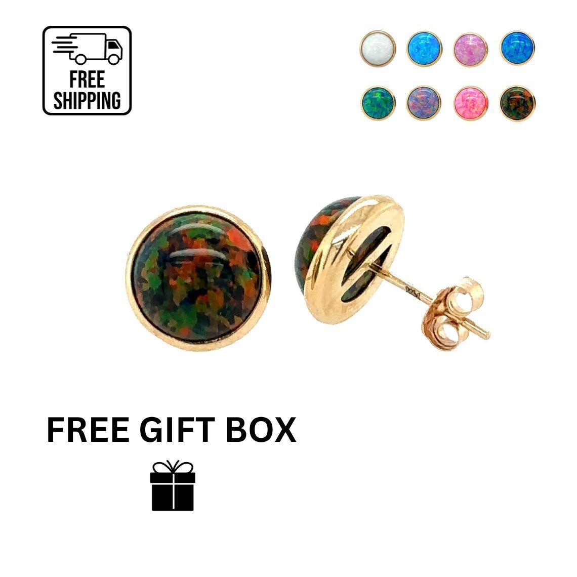 14K Yellow Gold Opal Push Back Solitaire Stud Earrings