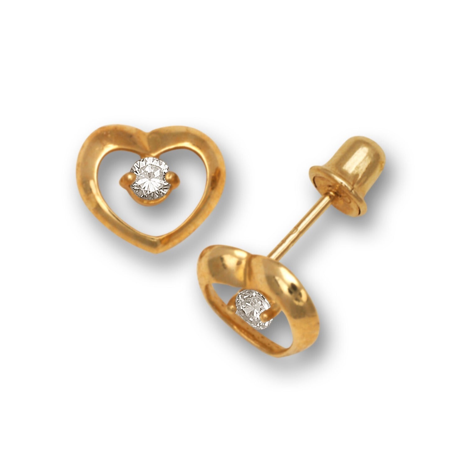 14K Yellow Gold Heart Shaped Single Stone CZ Stud Earrings for Women