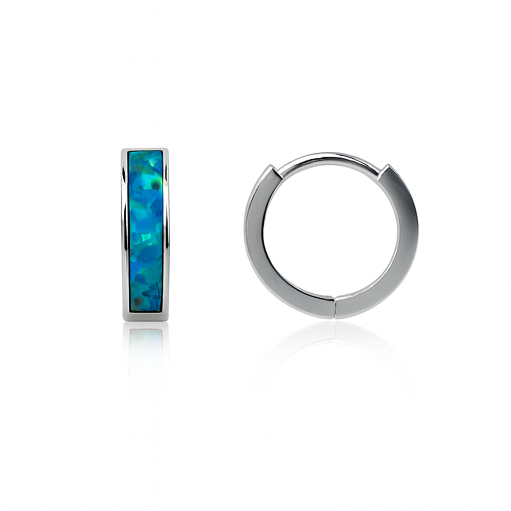 14k White Gold One Row Dark Green Opal Huggie Hoop Earrings
