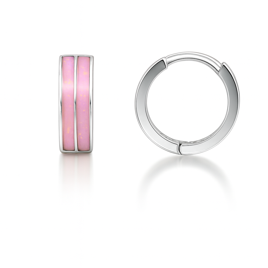 14k Yellow/White Gold Double Row Pink Opal Huggie Hoop Earrings