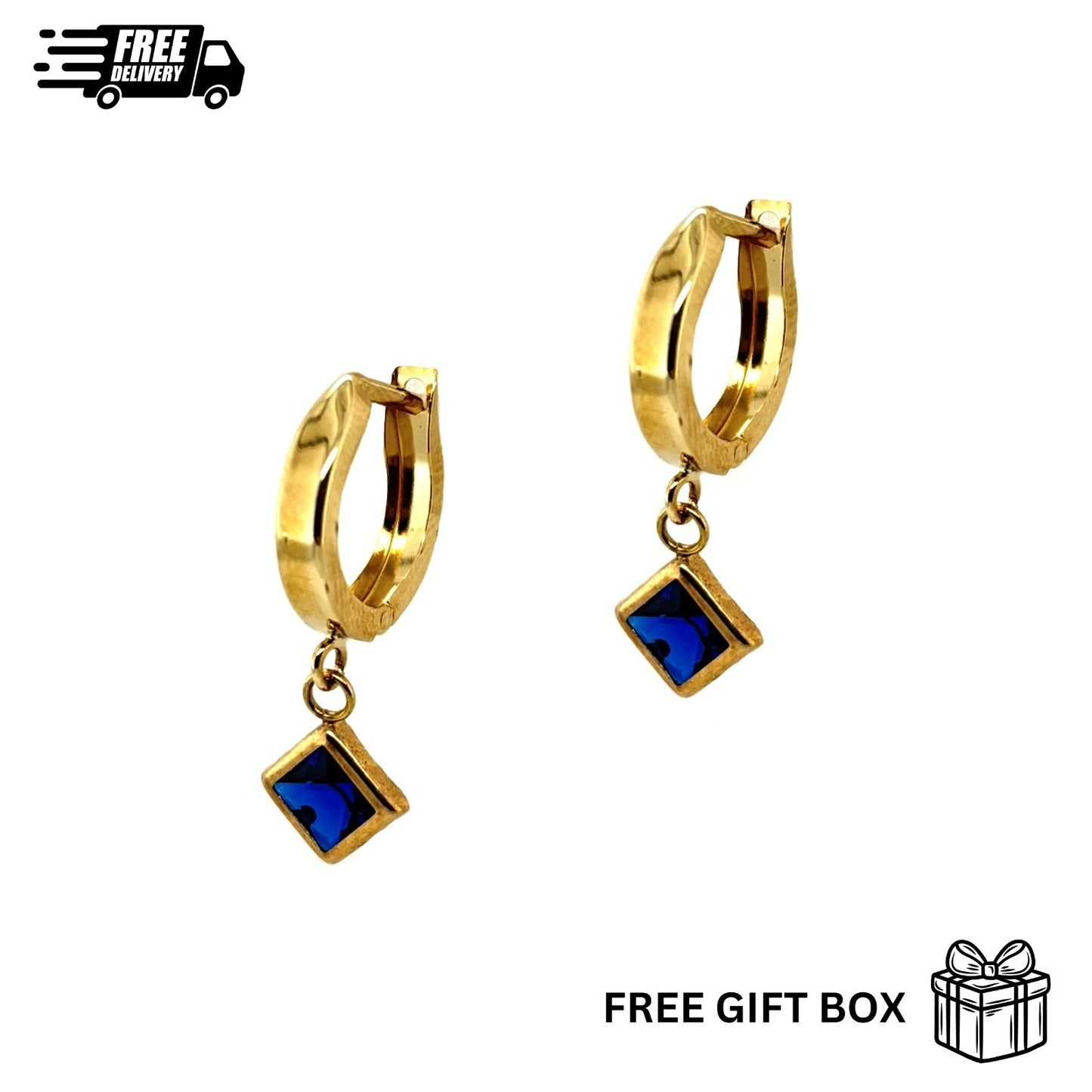 14k Yellow Gold Square Huggie Dangle Earrings